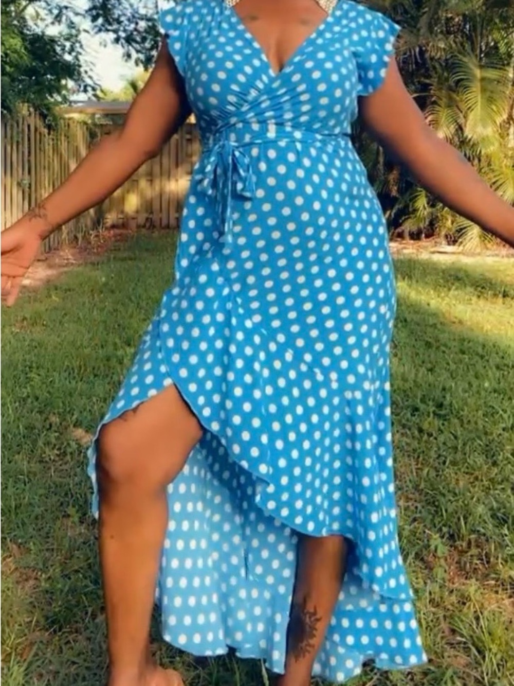 Vintage Blue Polka Dot High-Low Wrap Dress